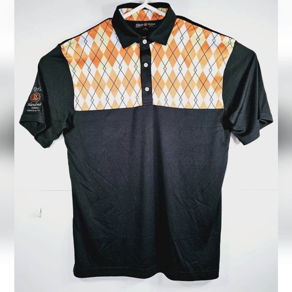 Titos Vodka Mens Medium Golf Shirt Polo Black Argyle
